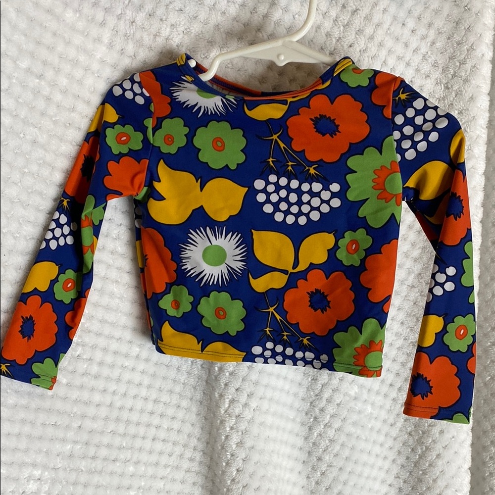 Marimekko Blue and Red Long Sleeve Rashguard with Retro Floral Design